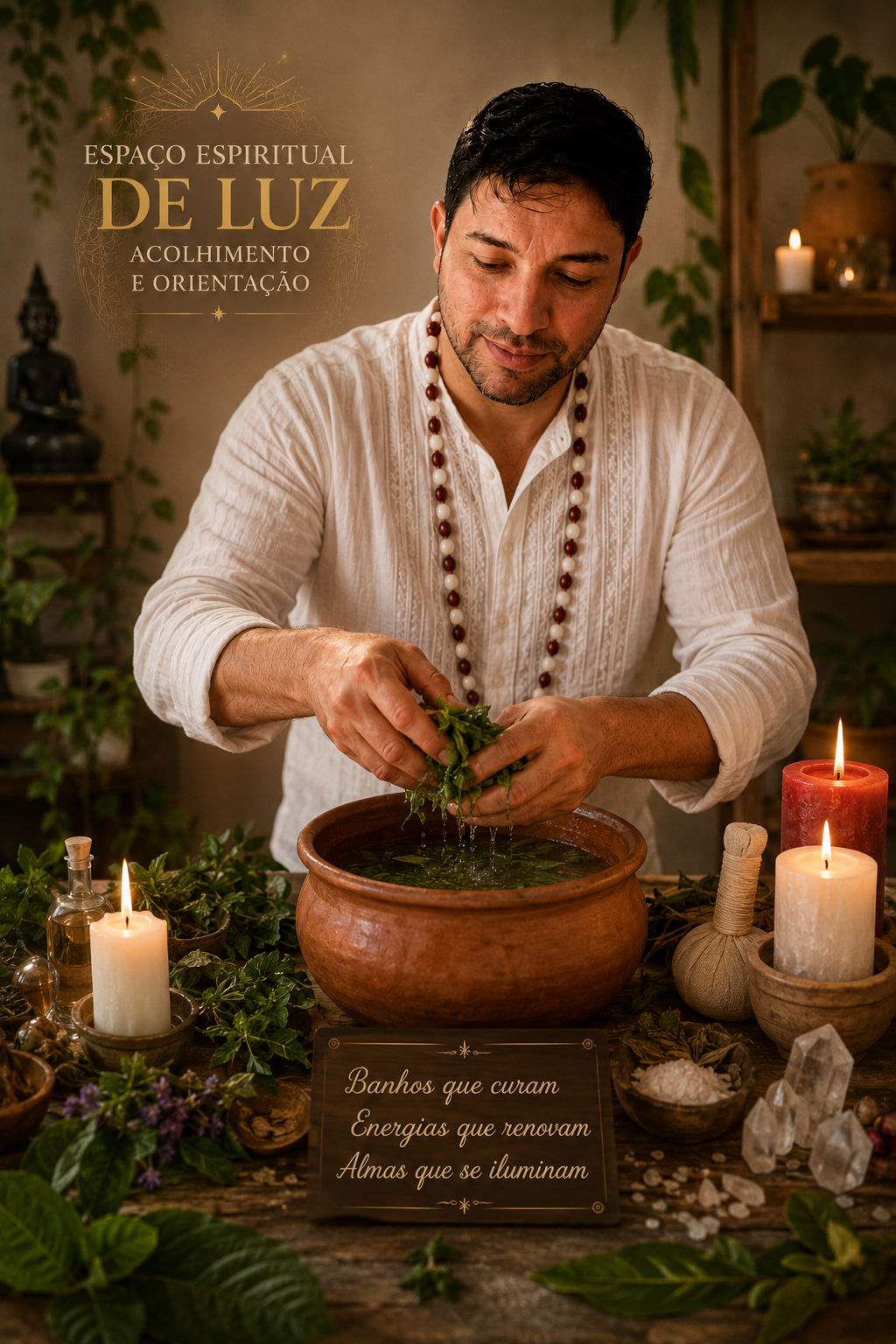 Joel Santos, de branco, a preparar ervas num ambiente com velas e elementos naturais